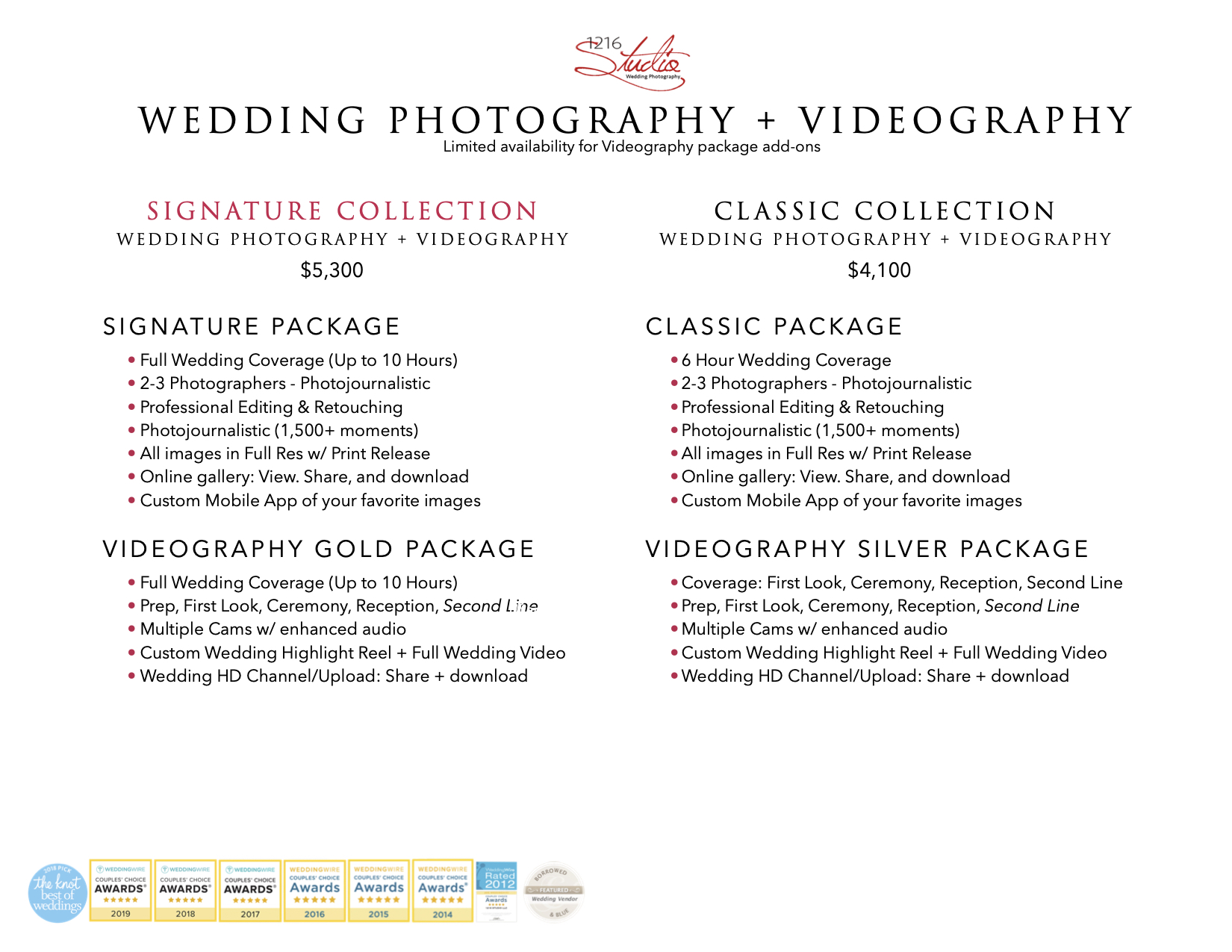New Orleans Wedding Package Pricing Add-On Prices 1216 Studio